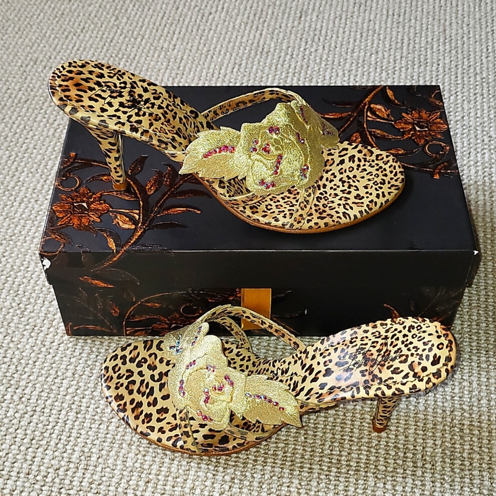 Belin Donate leopard gold embroidered high-heel sandals, NWT, Sz 10